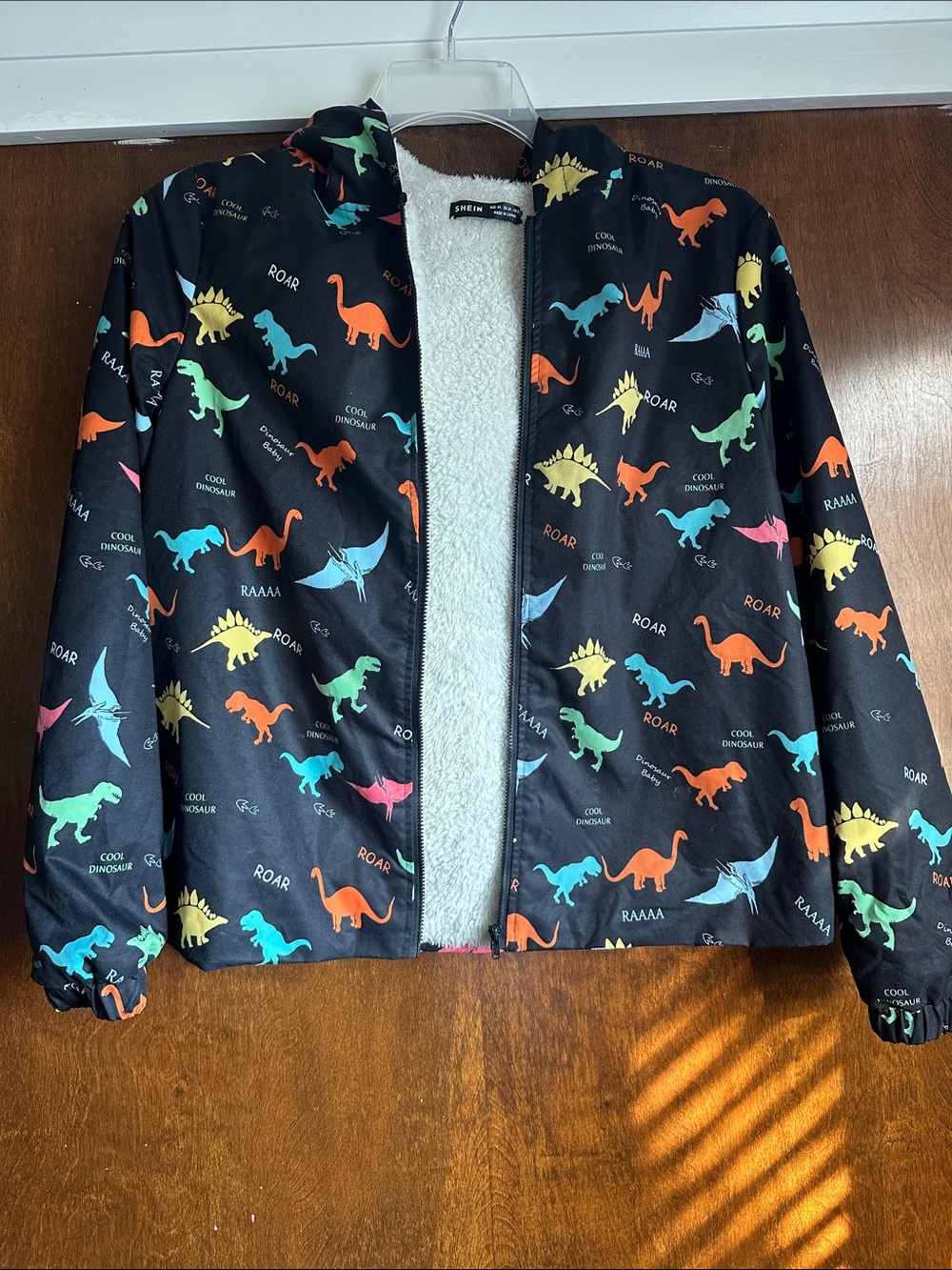 SHEIN Black Kids Dino Print Fleece-Lined Raincoat with Multicolor Dinosaurs